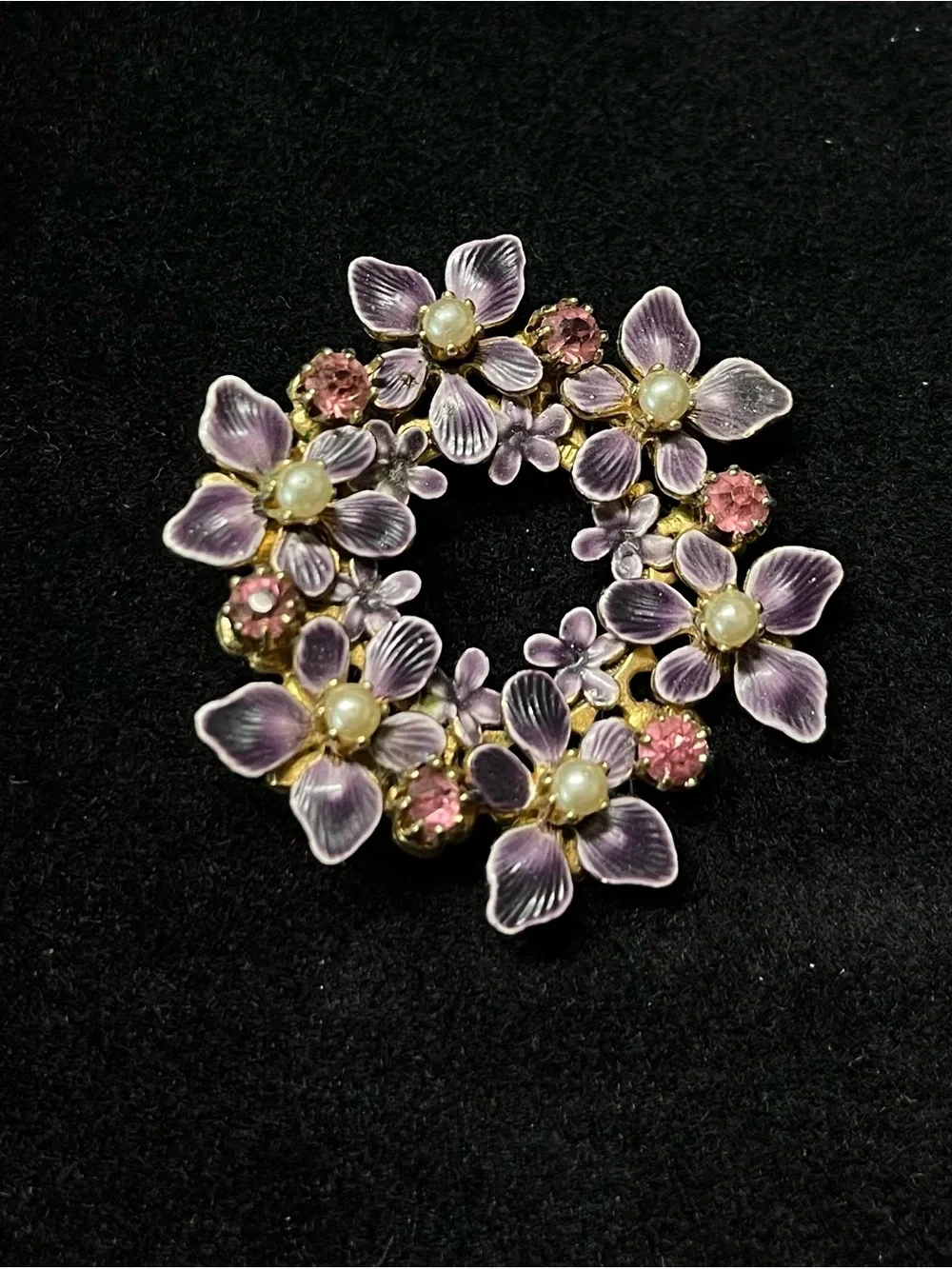 Vintage Purple Enamel Flower Wreath Brooch Pink Rhinestone Faux Pearl Pin